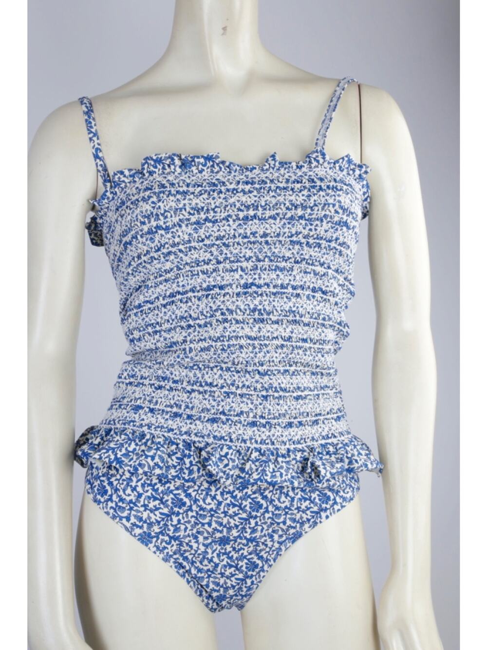Tory Burch Swimsuit M Blue White Floral Smocked One Piece Ruffle Strapless Costa